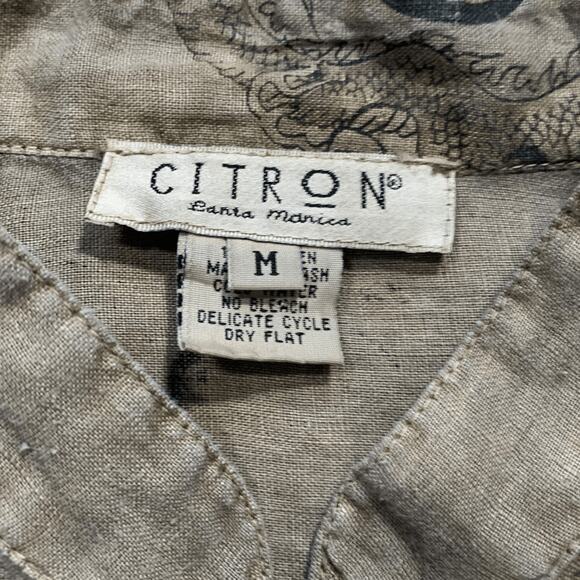 Vintage 90s Citron Santa Monica Linen Tunic Dragon Print Beige Red Asian Top - Picture 9 of 11